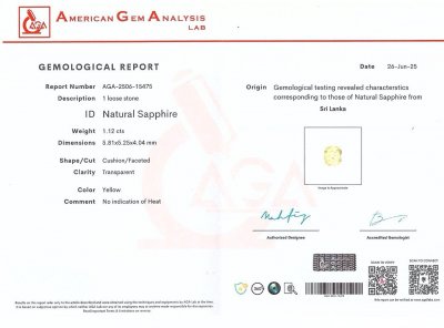 Certificate Zafiro amarillo pastel de talla cojín sin calentar de 1,12 ct, Sri Lanka
