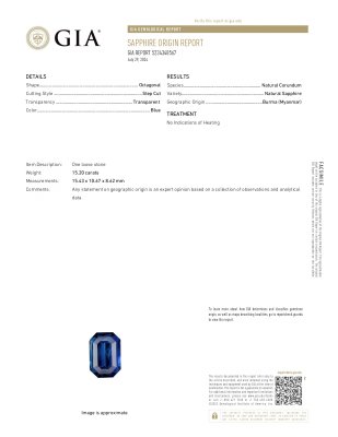 Certificate Anlage-saphir, ungeheizt, königsblau achteckschliff 15,20 karat, Burma (SSEF, GRS, GIA)