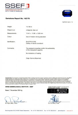 Certificate Anlage-saphir, ungeheizt, königsblau achteckschliff 15,20 karat, Burma (SSEF, GRS, GIA)