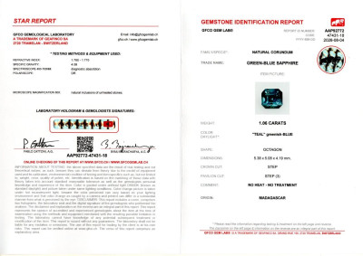 Certificate Unheated Teal sapphire octagon cut 1.06 carats, Madagascar
