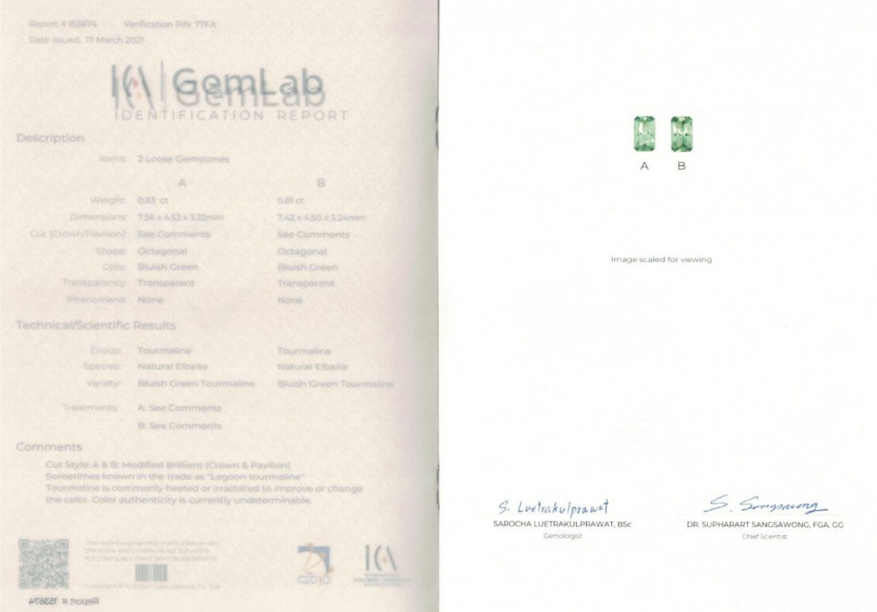 Certificate Pair of indicolites 1.64 ct, Afghanistan