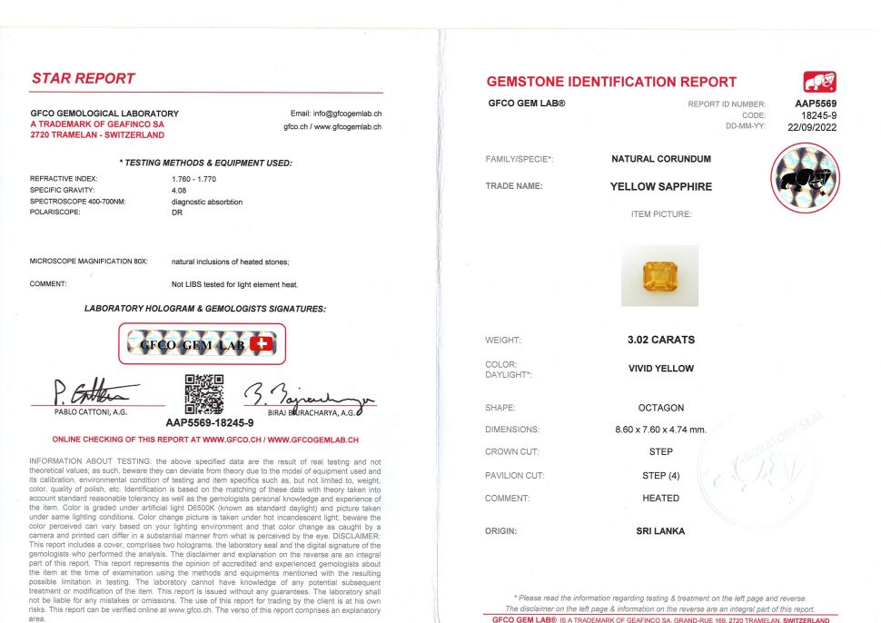 Certificate Octagon yellow sapphire 3.02 ct, Sri Lanka