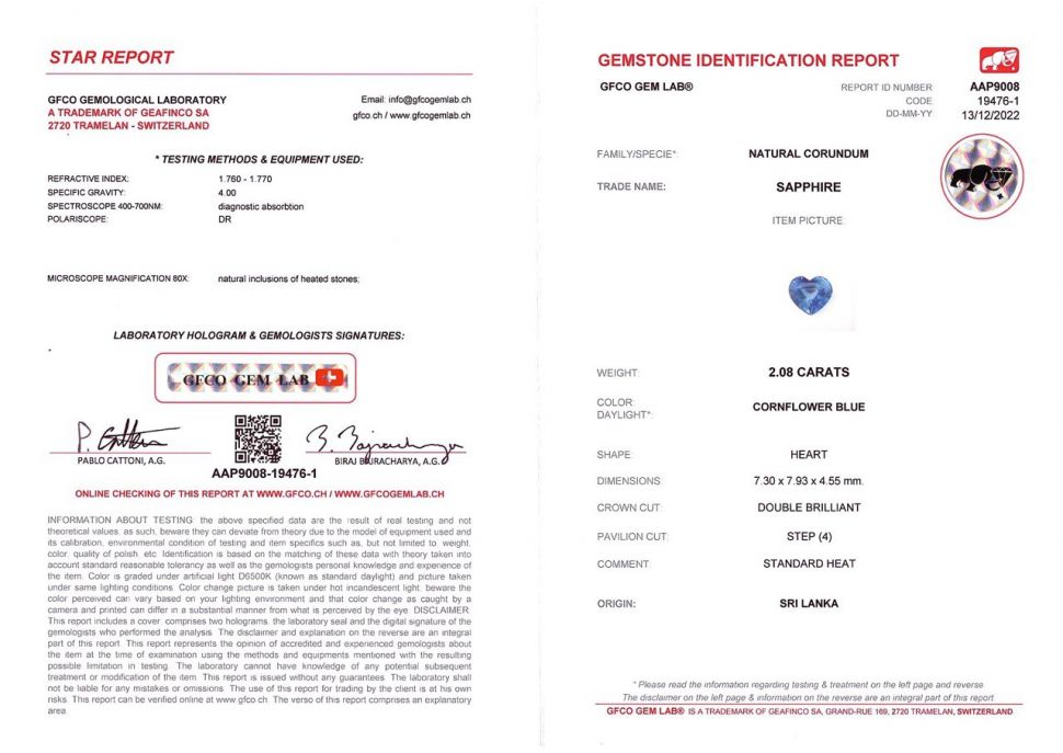 Certificate Heart cut cornflower blue Ceylon sapphire 2.08 ct