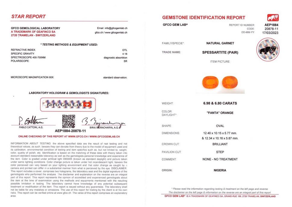 Certificate Pair of bright oval cut Fanta color spessartines 13.78 ct, Nigeria