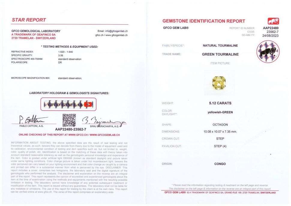 Certificate Mint color tourmaline in octagon cut 5.12 ct, Africa