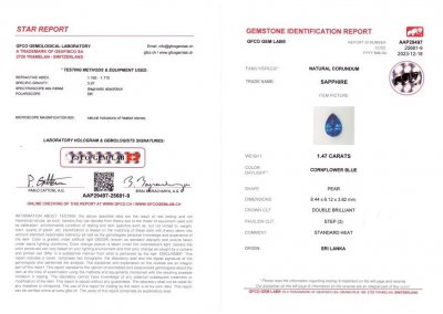 Certificate Saphir bleu taille poire du Sri Lanka, 1,47 carats