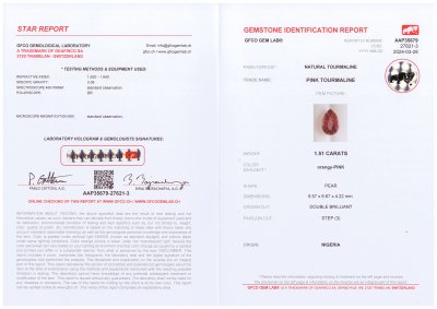 Certificate Orange-rosa Turmalin im Birnenschliff, 1,51 Karat