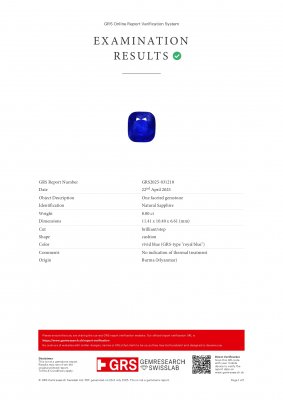 Certificate Saphir bleu royal taille coussin non chauffé 8,00 carats, Birmanie