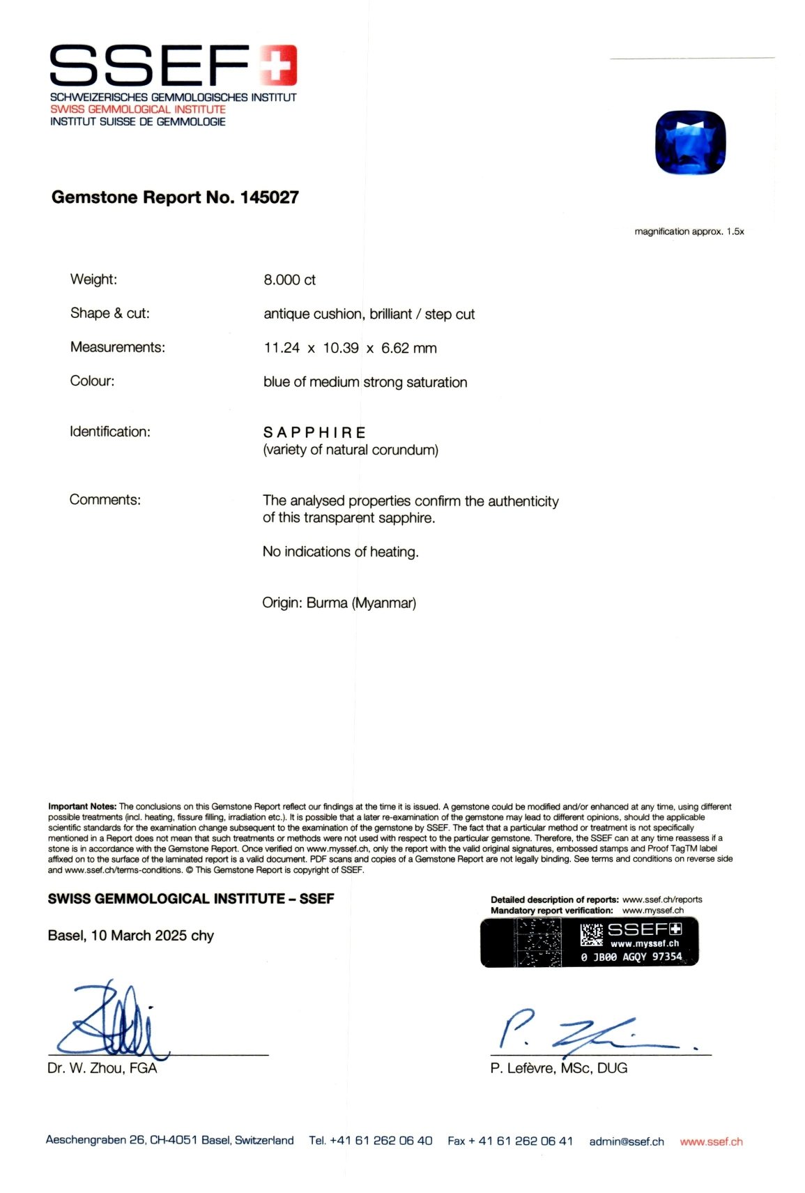 Saphir bleu royal taille coussin non chauffé 8,00 carats, Birmanie Image №7