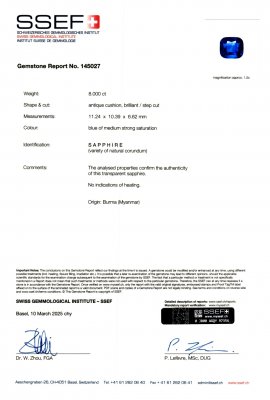 Certificate Saphir bleu royal taille coussin non chauffé 8,00 carats, Birmanie