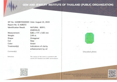 Certificate Esmeralda de talla octogonal de 2,49 quilates, Colombia