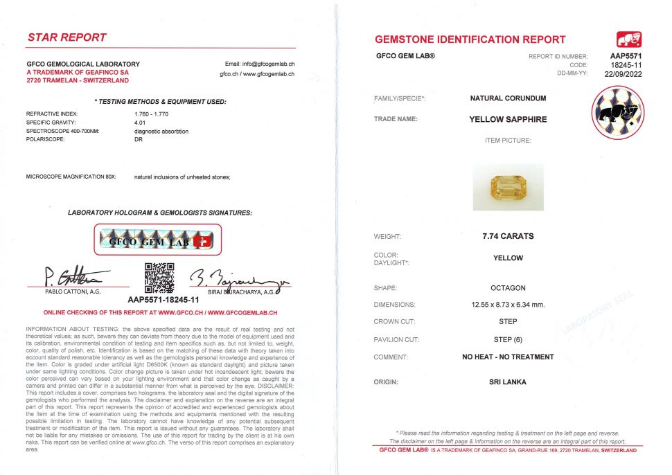 Certificate Unheated straw yellow octagon cut sapphire 7.74 ct, Sri Lanka