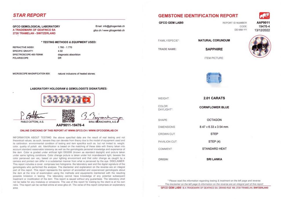 Certificate Octagon Cornflower Sapphire 2.01 ct