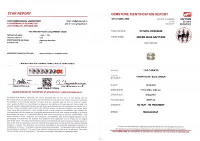 Certificate Untreated green cushion cut sapphire 1.62 ct, Madagascar