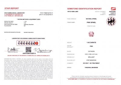 Certificate Spinelle rose taille radiant 1,42 ct de Tanzanie