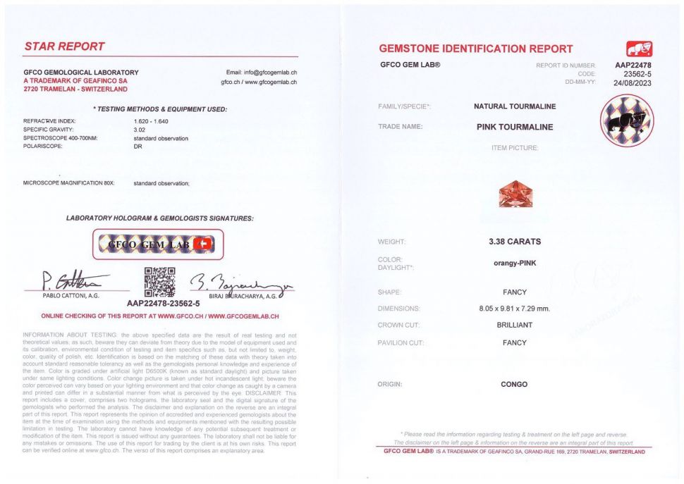 Certificate Fancy-cut orange-pink tourmaline 3.38 ct