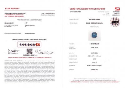 Certificate Spinelle de cobalt bleu, taille octogonale, 1,01 carats, Tanzanie