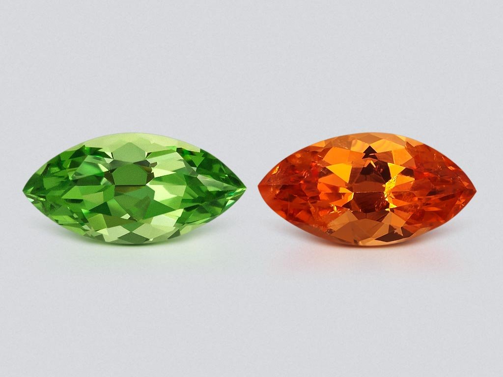 Pair of Fanta color spessartine and neon-green tsavorite in marquise cut 13.21 carats Image №1