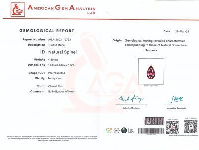 Certificate Espinela Mahenge rosa intenso talla pera de 4,50 carats, Tanzania