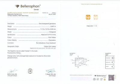 Certificate Saphir jaune taille radiant non chauffé 8,04 carats, Sri Lanka
