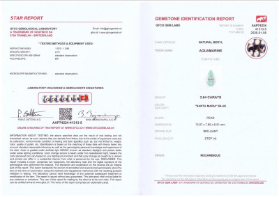 Certificate Aigue-marine taille poire de 3,64 carats, Mozambique