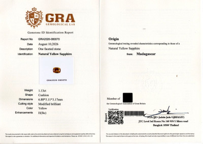 Certificate Saphir jaune taille coussin de 1,13 carat, Madagascar