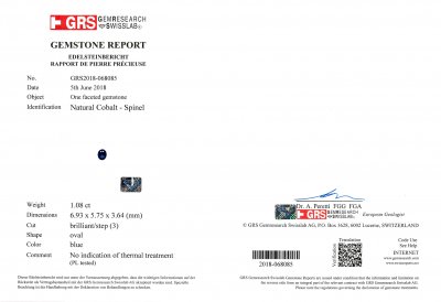 Certificate Blue spinel 1.08 ct, GRS