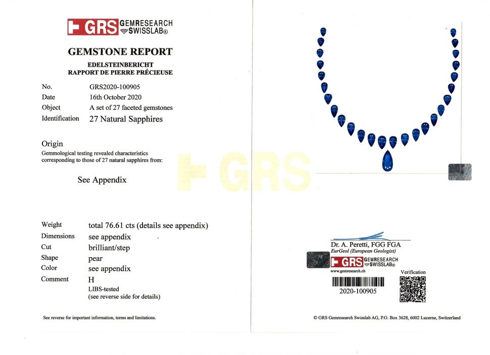 Certificate Set of 27 Royal Blue pear-cut sapphires, 76.61 ct, GRS