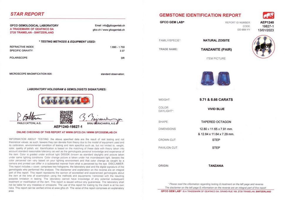 Certificate Pair of deep blue tanzanites in a uniqe cut 18.37 ct