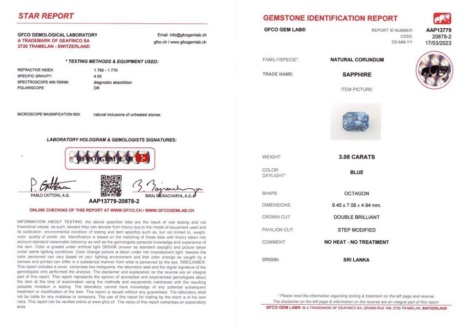 Certificate Blue unheated sapphire 3.08 ct octagon cut, Sri Lanka