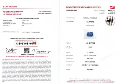 Certificate Unheated light blue radiant cut sapphire 2.53 ct, Sri Lanka