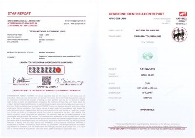 Certificate Paraiba tourmaline in oval cut 1.51 ct, Mozambique