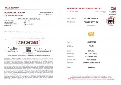 Certificate Saphir jaune taille radiant non chauffé 2,10 ct, Sri Lanka