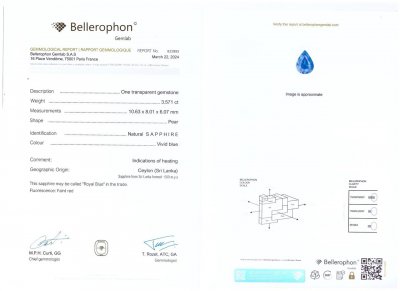 Certificate Blauer Saphir mit 3,57 Karat Birnenschliff aus Sri Lanka