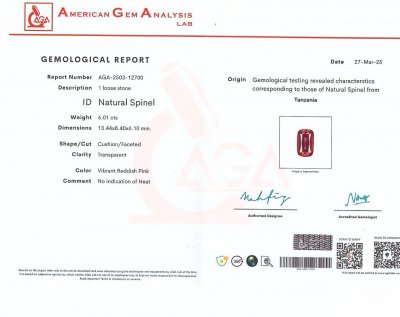 Certificate Espinela Mahenge roja y rosada vívida talla cojín de 6,01 carats, Tanzania  