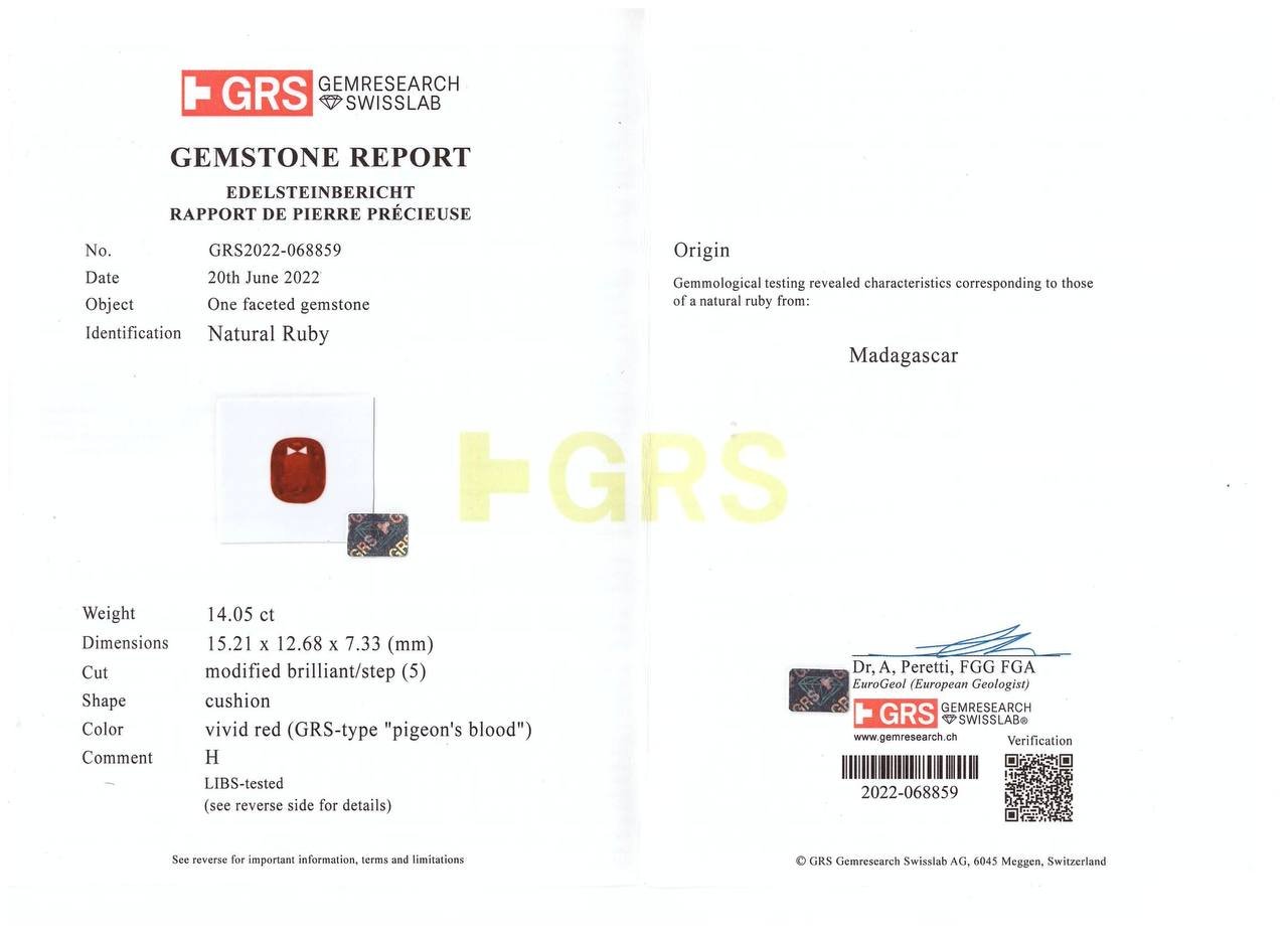 Investment grade Vibrant Pigeon Blood ruby cushion cut 14.05 carats, Madagascar (GRS, AGL, SSEF) Image №6