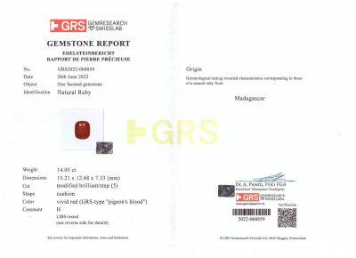 Certificate Investment grade Vibrant Pigeon Blood ruby cushion cut 14.05 carats, Madagascar (GRS, AGL, SSEF)