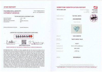 Certificate Aquamarin herzförmiger 6,04 karat, Mosambik