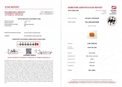 Certificate Honey yellow octagon sapphire 2.58 ct, Sri Lanka