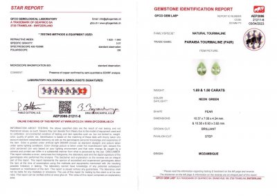 Certificate Pair of Paraiba pear cut tourmalines 3.19 ct, Mozambique