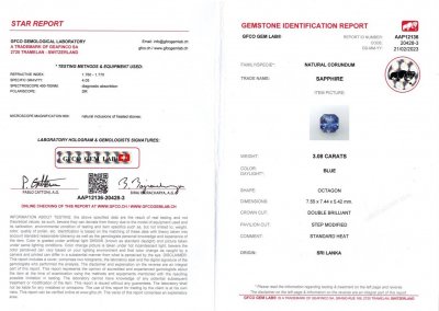 Certificate Intense blue radiant cut sapphire 3.08 ct, Sri Lanka