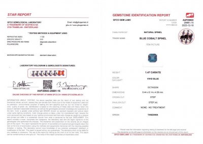 Certificate Spinelle de cobalt bleu 1,47 carats, taille octogonale, Tanzanie