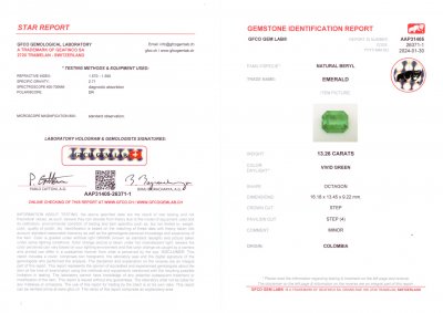 Certificate Grande émeraude colombienne vert vif 13,26 carats