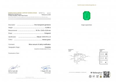 Certificate Grande émeraude colombienne vert vif 13,26 carats