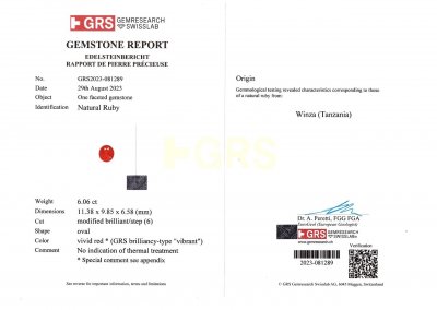 Certificate Einzigartiger, unbeheizter, lebendiger, leuchtend roter Rubin im Ovalschliff von 6,06 Karat, GRS, Tansania