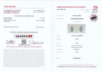 Certificate Aquamarine paar birnenförmig geschliffene 2,89 karat, Madagaskar 