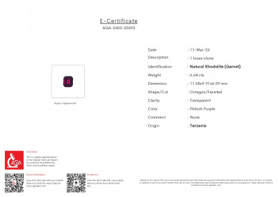 Certificate Violetter granat achteckig geschliffener 6,64 karat, Tansania