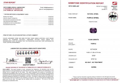 Certificate Saturated purple spinel 13.06 ct Burma