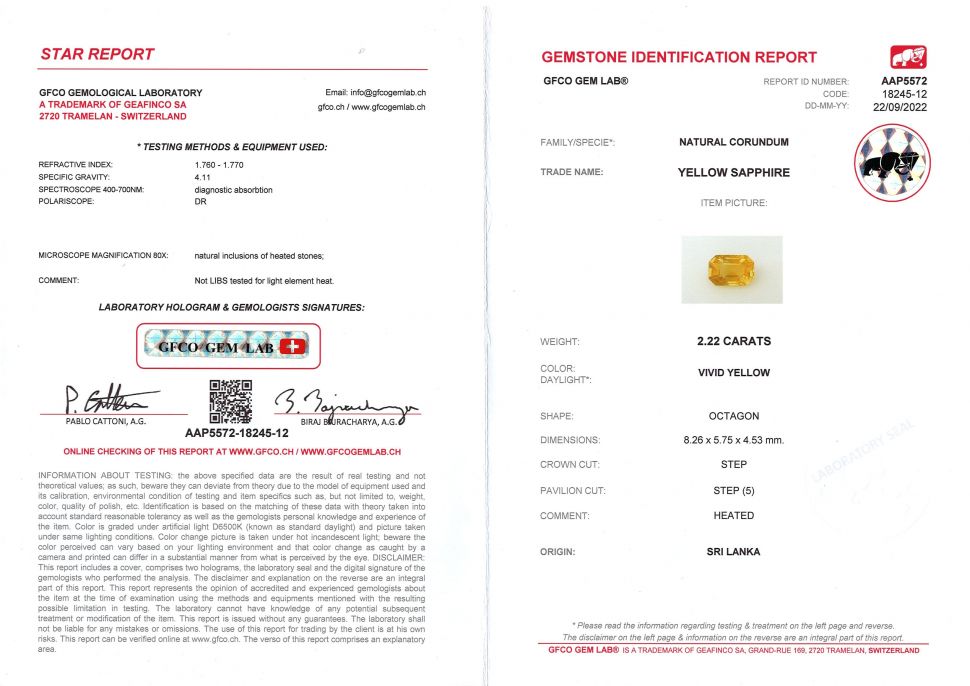 Certificate Octagon yellow sapphire 2.22 ct, Sri Lanka