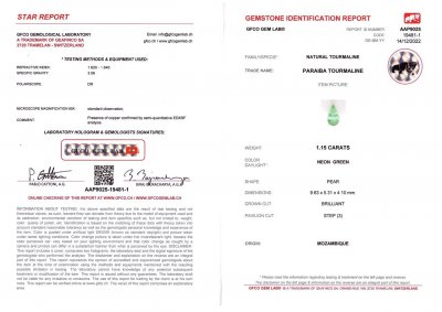 Certificate Pale Green Paraiba Pear Cut 1.15 ct